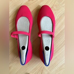Rothy's Bright Red Mary Jane Flats with Blue Trim